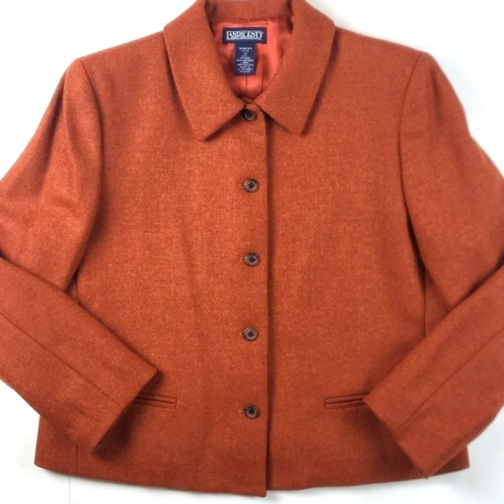 Lands End 100% Wool Tweed Burnt Orange Button Front Jacket Blazer